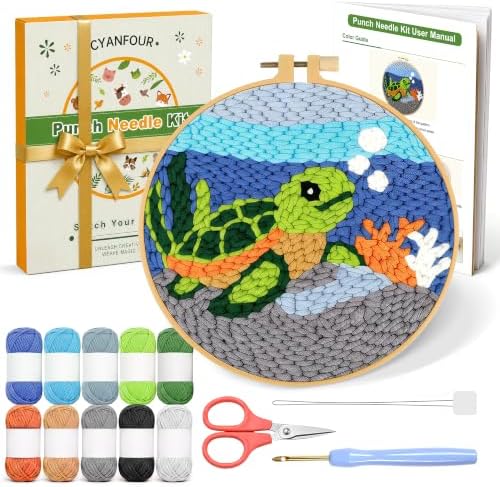 CYANFOUR Punch Needle Kit for Beginners, Sea Turtle Punch Needle Kits Adults, Craft Kits for Adults with 2 Pre-Printed Fabrics, Embroidery Hoop, Threads, DIY Gift and Home Decor 20 * 20cm