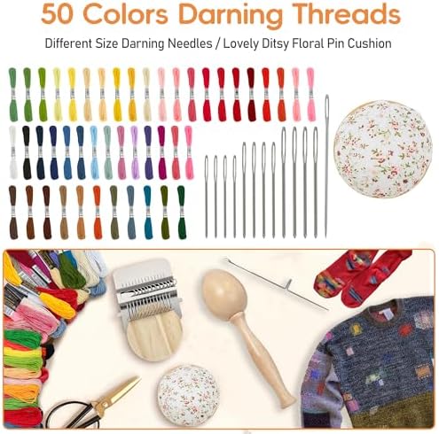 Mini Darning Loom,Egg Knitting Patch Kit with 14 Hooks Small Weaving Loom 13 Pcs Large Eye Needles 50 Color Threads for Handcraft DIY Weaving Repair Tool Darning Kit for Beginners Mending Jeans Socks