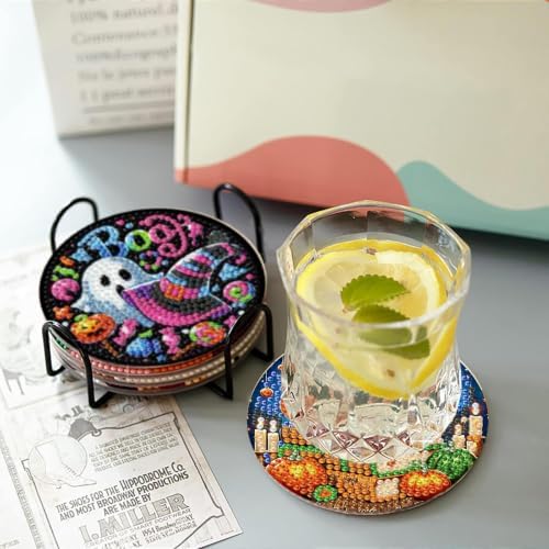 8 Pcs Diamond Art Coasters Kits for Adults,Halloween Diamond Painting Coaster Kits with Holder,Gem Art Paintings Crafts Supplies for Home Decor