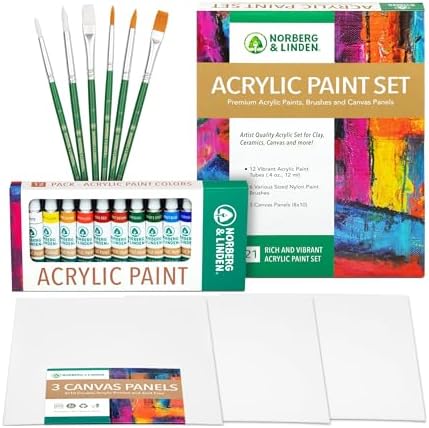 Norberg & Linden Acrylic Paint Set -12 Acrylic Paints, 6 Paint Brushes for Acrylic Painting, 3 Painting Canvas Panels - Premium Art Supplies for Adults Canvas Painting