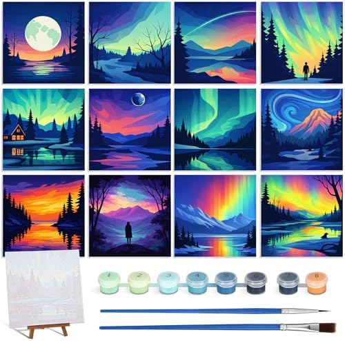 Nezyo 12 Pack Paint by Numbers Kit for Adults Beginner 8x8 Inch | Starry Spiritual Polar Lights Themed, Paint by Number Frame Canvas, DIY Acrylic Easy Painting by Numbers for Home Wall Decor