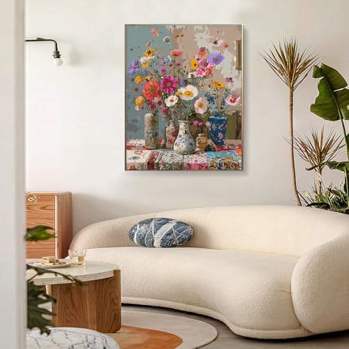 PRASIO Framed Paint by Numbers Kit for Adults Beginner, Vintage Flowers Adult Paint by Number Kits on Canvas Framed, DIY Acrylic Watercolor Oil Paint by Numbers with Frame for Home Decor 16x20 Inch