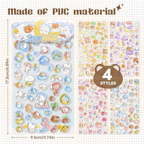 3D Epoxy Puffy Stickers, Cute Space Nebula Animal Stickers with Glitter, Kawaii Puffy Stickers for Scrapbooking, Journal, Planner, Phone Case, Water Bottle, Laptop DIY Craft Lovers