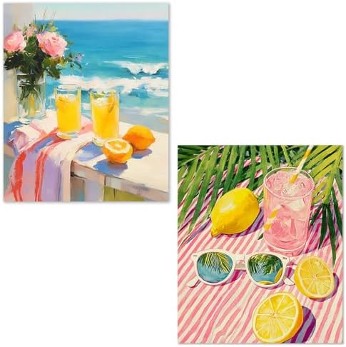 XUNLURY Summer Lemon Cocktail Diamond Art Kits 2 Pcs, Amalfi Coast Lemon Coastal Beach Diamond Painting Kits for Adults Beginners, Full Drill Diamonds Dots for Home Decor, 9.8x11.8 Inch