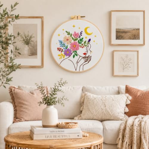 Nuberlic Embroidery Kit for Beginner,Floral Woman Embroidery