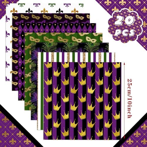 HunnmingRe 20 Pcs 10''x10'' Mardi Gras Quilting Fabric Square Bundle Lily Flowers Masquerade Precuts Quiltted Fabric Purple Green Gold Printed Patchwork Supplies for DIY Material Sewing Crafts