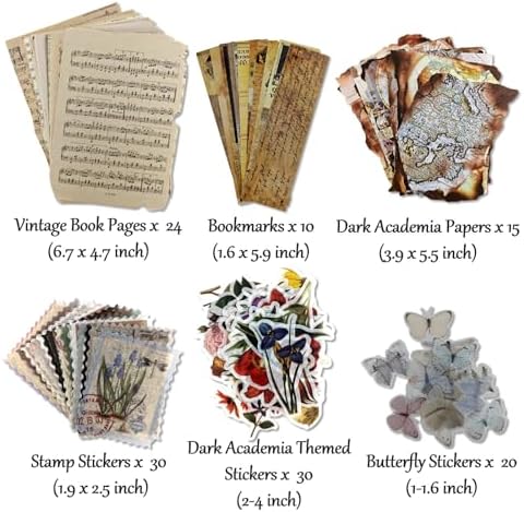 Vintage Aesthetic Scrapbook Supplies Kit with Scrapbook Paper, Stickers, Bookmarks for Scrapbooking, DIY Albums, Junk Journals, Bullet Journals, Dark Academia Aesthetic Decor (Dark1 129 Pcs)