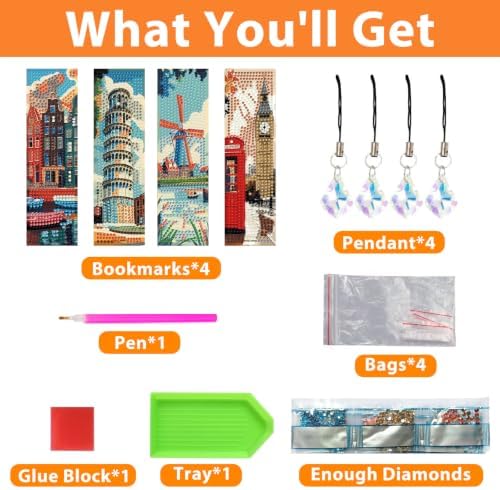 Mandun 4 Pcs National Scenery Diamond Painting Bookmark Kits, Special Shaped Diamond Art Bookmarks with Pendant, DIY National Scenery Diamond Art Bookmarks with Tassels Crafts Gifts Supplies