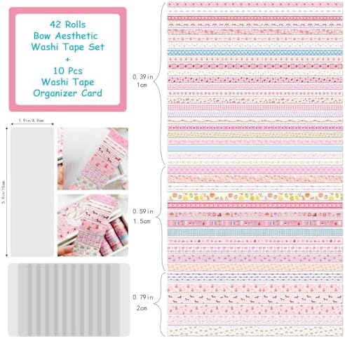 42 Rolls Bow Aesthetic Washi Tape Set with 10 Organizer Cards, Cute Pink Decorative Masking Tape for Journaling, Scrapbooking, Planners, Junk Journal, Gift Wrapping, DIY Crafts and Stationery Supplies