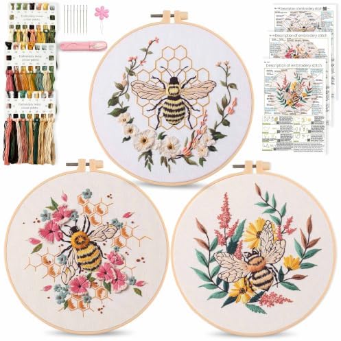 Harimau Beginner Adult Embroidery Kit, All-in-One Starter Pack with 3 Patterns, 3 Hoops, Scissors, Needles, Instruction Manual & Stitching Video Guides