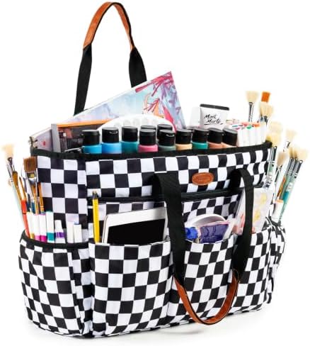 APOFFICE Large Craft Organizer Tote Bag with Multiple Pockets, Art Supply Storage Caddy with Removable Bottom Board and Shoulder Strap for Painting, Sewing, Scrapbooking and Classroom Supplies