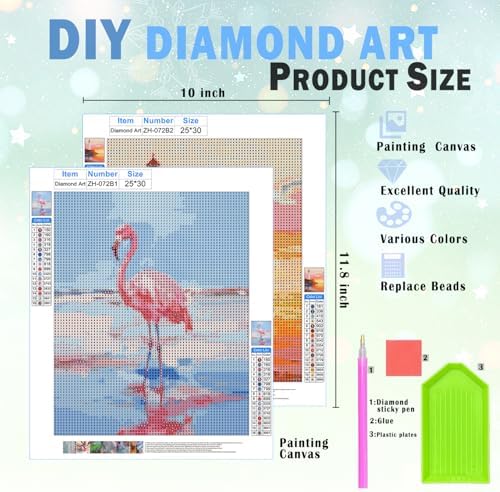 XUNLURY Pink Coastal Flamingo Diamond Art Kits 2 Pcs, Ocean Nautical Sunset Lighthouse Diamond Painting Kits for Adults Beginners, Full Drill Diamonds Dots for Home Decor, 9.8x11.8 Inch