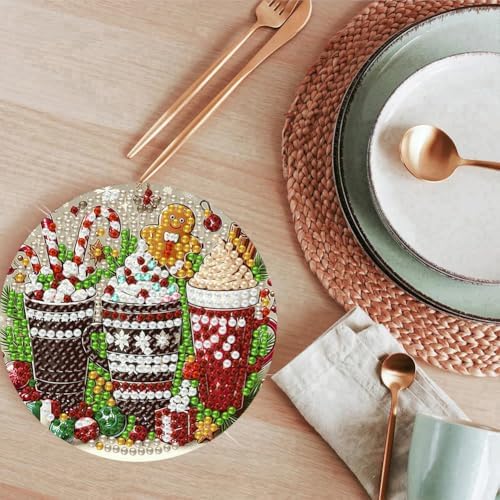 ijbnhd 8 PCS Christmas Diamond Art Coasters Kit 4X4inch (Cork Wooden Pad)