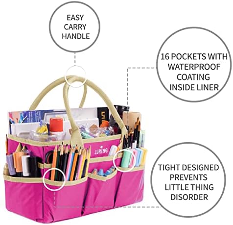 JJRING 600D Nylon Craft & Art Organizer Tote Bag With Pockets, Rose Red