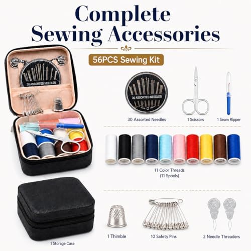 56-Piece Portable Travel Sewing Kit - Compact Emergency Sewing Kit Box with Zipper Fix Tools - Small Sewing Supplies and Accessories for Home Use & Quick Stitch Solutions