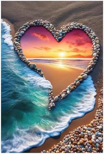 KUFWKEY Beach Diamond Art Kits for Adults, 5D Love Diamond Painting Kits for Beginners, DIY Full Round Drill Paint by Diamonds,Sunset Diamond Mosiac Kits,Diamond Dots,Home Wall Decor 12 x 16 Inch