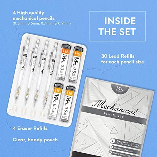 MozArt Mechanical Pencil Set 4 Sizes 0.3 0.5 0.7 0.9mm HB Lead Clear
