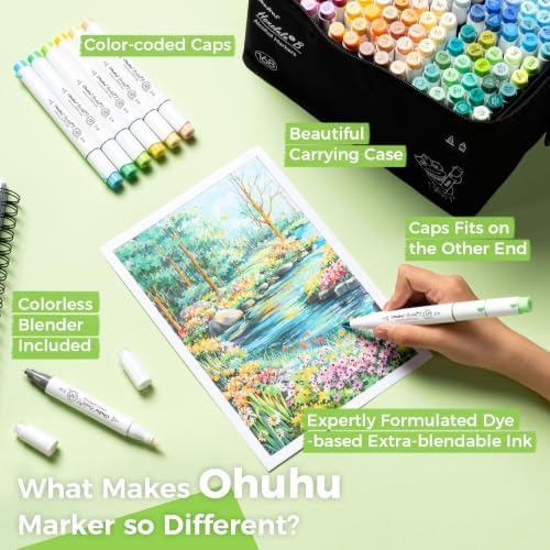 Ohuhu Alcohol Markers Brush&Fine 168 Colors for Adults Coloring Honolulu 2B | Brush Markers Set for Artists Adults Coloring Illustration, Double Tipped Brush Tip Alcohol-based AP Certified Refillable Ink