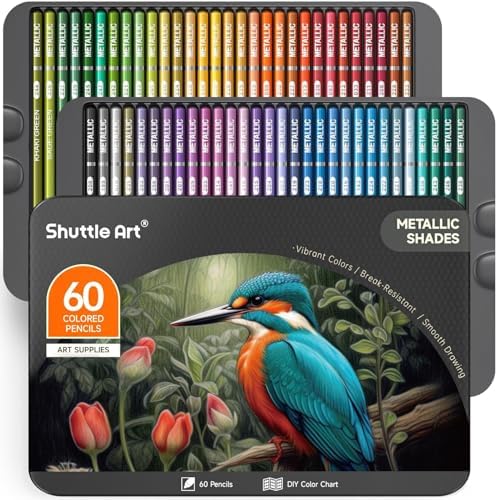Shuttle Art 60 Metallic Colored Pencils, Colored Pencils for Adult Coloring, Soft Core Coloring Pencil in Gift Tin Box, Drawing Pencil for Kids Adults Beginners Artists Drawing Sketching