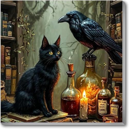 Halloween Paint by Numbers Kit for Adults-Cat & Crow, Oil Painting 10x10In