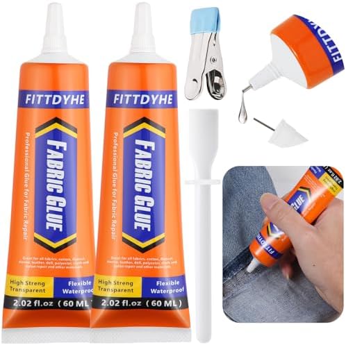 2 Pack Fabric Glue Permanent, 60ML/2.02oz Washable Clear Clothing Glue, Super Fabric Adhesive for Rhinestones, Patches, Clothes, Denim, Leather, Polyester, Fabrics, Doll Repair, Flannel, Cotton
