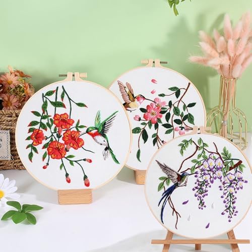 Ohcol 3 Sets Hummingbird Embroidery Kit for Beginners Needlepoint Kits for Adults Cross Stitch Kits with Clear Instructions,Easy Funny Stamped Bird Patterns Fabric Hand Crafts