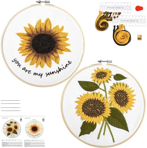 Sunflower Embroidery Kits for Beginners Adults, Floral Hand Embroidery Set Needlepoint Kits, Stamped Cross Stitch Kits for Beginners Adults, 2 Embroidery Hoops, Fabric, Thread(Attached Video Tutorial)