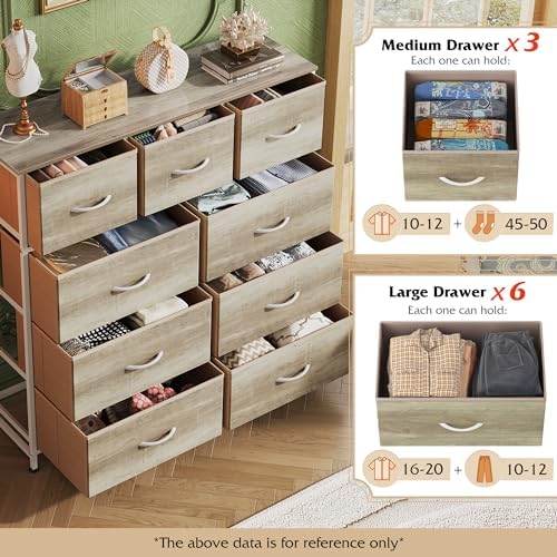 WLIVE Tall Dresser for Bedroom, 9 Drawer Chest of Drawers, Greige | 9 roomy fabric drawers, Tall storage design, Bedroom or closet use, Sturdy steel frame, Smooth wood tabletop