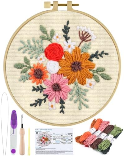 ERKOON Punch Needle Kit Beginners Adults, DIY Easy Flower Embroidery Set for Starter Art Craft, Needling Punching Project with Patterns, Tools, Yarns, Hoop, Instruction (Rainbow Flowers)