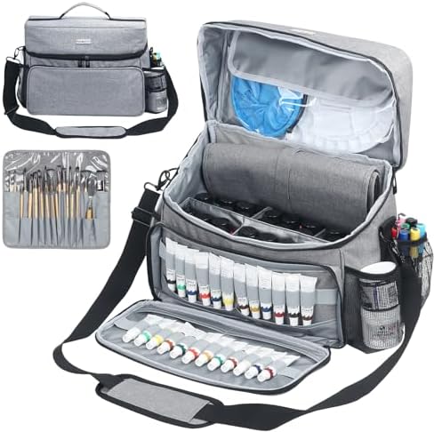 Acrylic Paint and Brush Set Organizer Bag - Carrying Case Compatible with Apple Barrel, Shuttle Art, Caliart Art Supplies - Includes Detachable Paint Brush Holder - for Home/Travel/Outdoor (Pro Gray)
