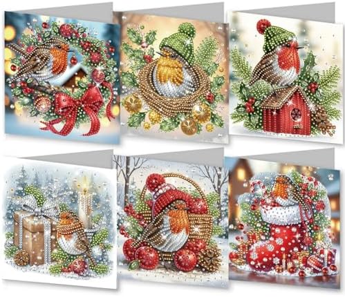 6Pcs Christmas Greeting Card DIY Diamond Art Painting Greeting Cards Blessing Folding Card Kit with White Envelopes Diamond Arts Crafts for Birthday Festival Gift-Bird02