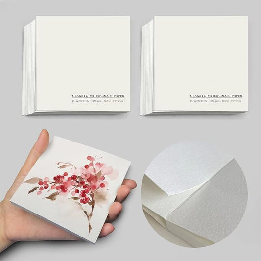 2 Packs Tearable Square 3.9X3.9 300gsm Portable Watercolor Paper Pad Journal 40pgs (20 Sheets Front Back 2 Textures) Travel Size for Calligrapher Watercolour Sketch Book Notebook White