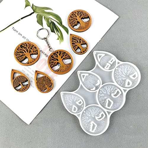 Keychain Resin Mold, Tree of Life Keychain Silicone Molds, Epoxy Resin Casting Molds Keychain Pendant Mould with Hole with 10 Pieces Key Rings for DIY Crafts Jewelry Making