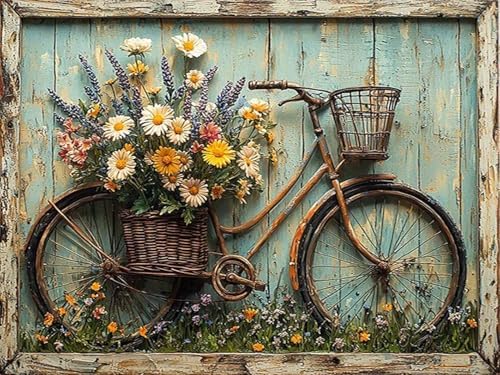 KYOQFVN Bicycle Diamond Painting Kits for Adults, Retro Diamond Art Kits for Adults Beginner, 5D Full Round Drill Diamond Dots for Home Wall Decor 12x16inch
