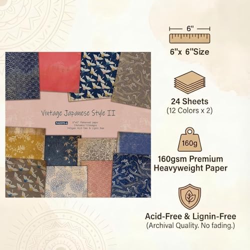 Scrapbook Paper,24 Sheets 6x6 Inch Vintage Japanese Style Scrapbook Supplies,160gsm Single-Sided Decopodge Craft Paper for DIY Card Making Scrapbook Photo Album Journal Decor (Retro 2)