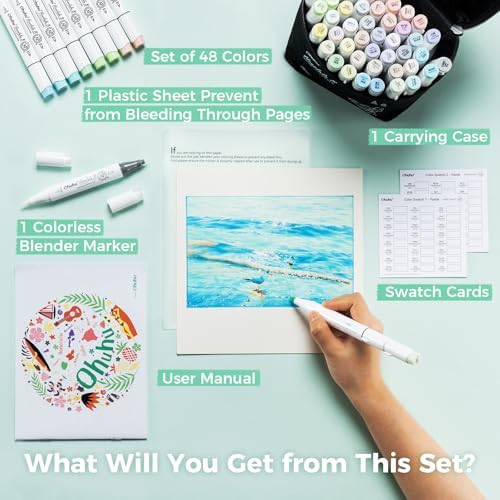 Ohuhu Alcohol Markers 48 Pastel Colors Brush & Fine for Adults Coloring