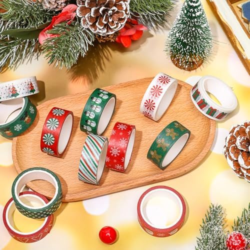 Whaline 12 Rolls Christmas Washi Tape Red Green Xmas Tree Snowman Santa Claus Gingerbread Man Candy Cane Pattern 15mm Decorative Masking Tape for Scrapbook Journal DIY Art Craft Gift Wrapping