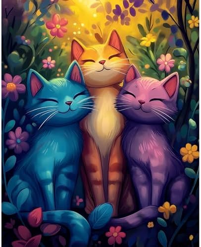 Natuyalo Paint by Numbers Kit for Adults Beginner, Three Little Cats in Flowers Painting by Number Kits on Canvas, Animals Acrylic Paint by Number Kit DIY Painting Kits Home Wall Decor Gift 12X16 inch