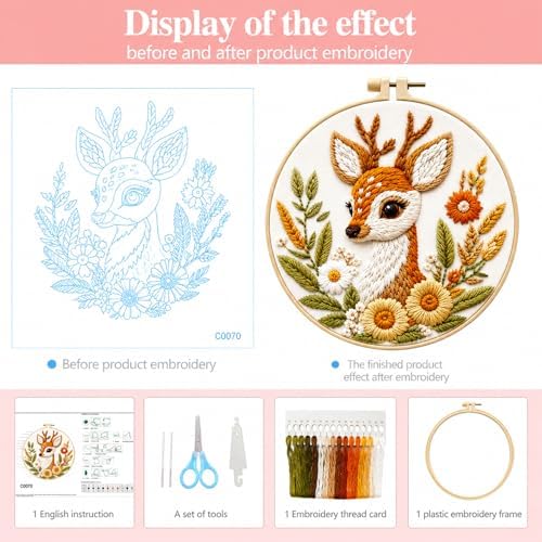 Zhenqing Deer Embroidery Kit for Beginners, Cute Fawn Needlework Craft with Pre-Printed Cotton Fabric, Hoop, Threads & Tools, Woodland Animal Decor, 29x29cm (C0057)