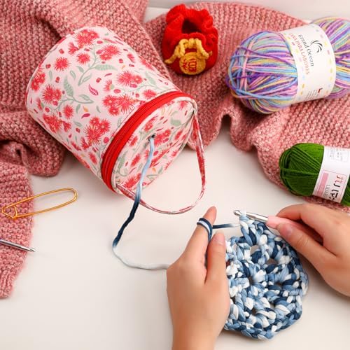 Mini Yarn Storage Small Size Yarn Bag for Crocheting with Holes,Empty Round Knitting Tote Bags protable Yarn Holder,Perfect for Travel,Beginner & Crocheter(Red Dandelion)