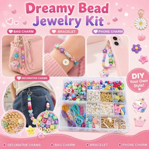 Fcoget 850pcs Beaded Keychain Making Kit,DIY Bead Keychain Making Kit, Bracelet Bag Charm Kit,with Acrylic Letter Pony Beads & Unicorn Crafts Jewelry Making Kit Gifts