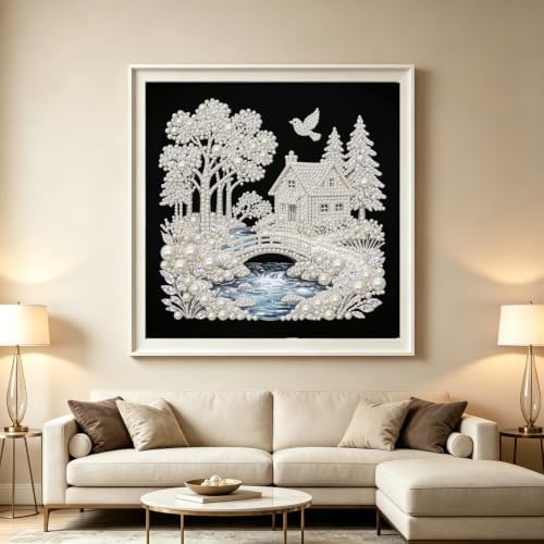 Pearl Cottage Riverside Diamond Painting Kits for Adults,5D Diamond Art