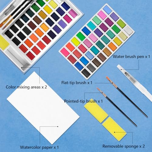 72 Colors Large Block Watercolor Paint Set for Watercolors Workbook, Portable Water Colors Paint Kit with 2 Paintbrushes 1 Waterbrush, for Adult Painting Beginners & Professional Amateur Hobbyists