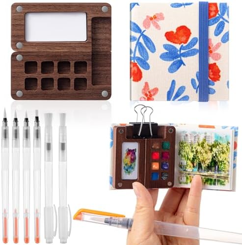 Qilery Mini Portable Watercolor Palette Set Wooden Grid Paint Box Watercolor Paper Sketch Book Brush Pens with Binder Clip for Painters Artist Not Include Paint(Azalea)