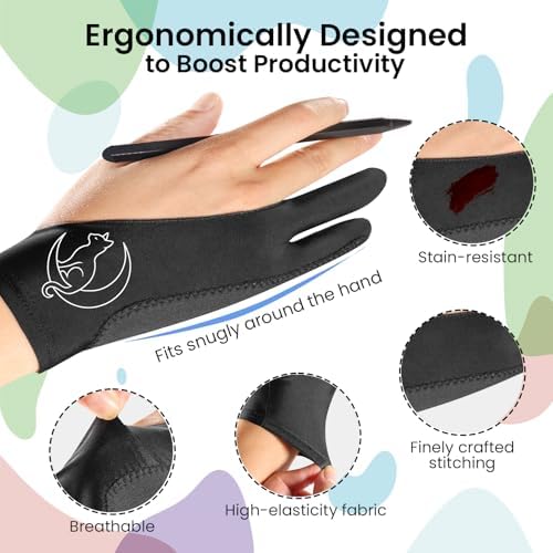 Luna Cat Drawing Glove: 3-Layer Palm Rejection for iPad & Drawing Tablet | Smooth-Glide & Breathable Artist Glove for Digital Art, Two-Finger Design, Fits Left & Right Hand, 2-Pack + Cleaning Cloth