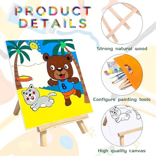 SytuHete 48PCS 12 Sets Printed Canvas Paint Art 12 Pcs Wooden Easel Set Paint Pots and Brushes and 12 Pre Drawn Canvas Panel 12 Pcs Mini Apron and Tote Bag for Kids(Classic)
