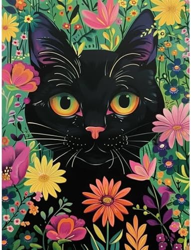 Black Cat Diamond Art Kits for Adults, 5D Wild Flower Cat Diamond Painting