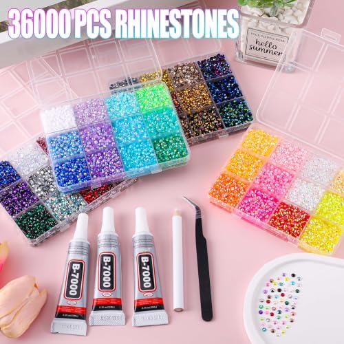 36000Pcs in 48 Colors Rhinestones for Bedazzling and Diamond Art, 3mm Flatback Gems with 3×10ml B7000 Jewelry Glue Tweezers, Perfect for Nail Art, Crafting, Clothing, Fabric Decor