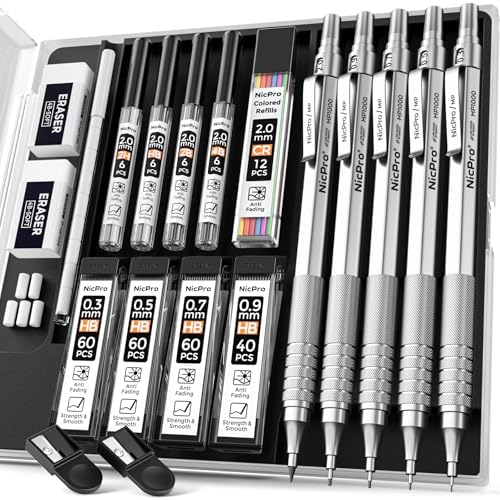 Nicpro Metal Mechanical Pencil Set 5 PCS Art Drafting Pencils For Sketching