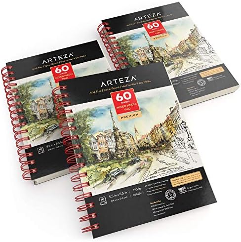 ARTEZA Mixed Media Sketchbook, 5.5 x 8.5 Inches, Pack of 3, 60 Sheets Each, Micro-Perforated Spiral-Bound Paper Pad for Wet and Dry Media